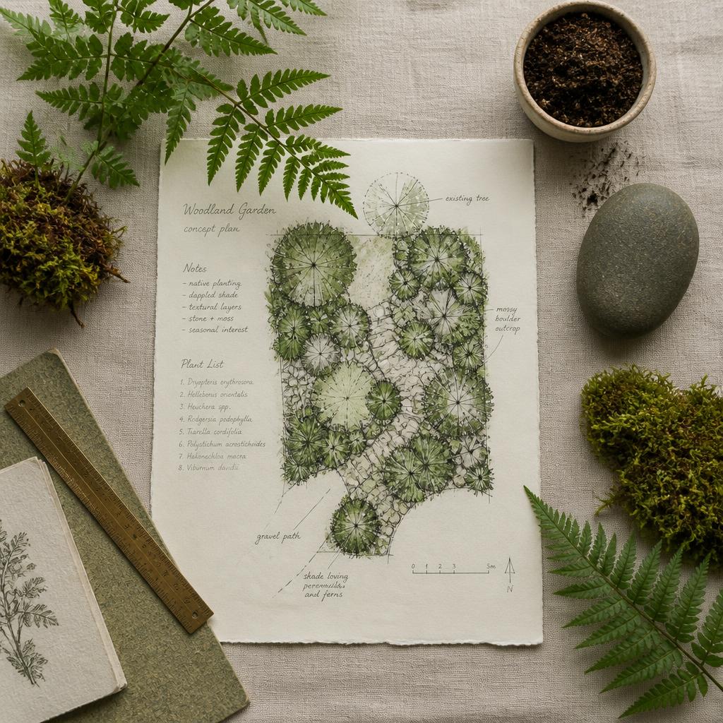 Designer sketching a garden plan by hand outdoors